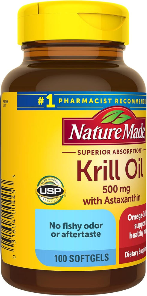 Nature Made Krill Oil 500mg, Superior Absorption with Astaxanthin, Omega 3s for Heart Health, 100 Softgels