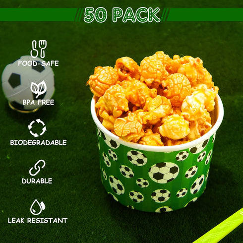 50 Pcs 9 oz Sport Party Paper Snack Cups, Disposable Dessert Bowls for Ice Cream, Soup, Party Supplies (Soccer)