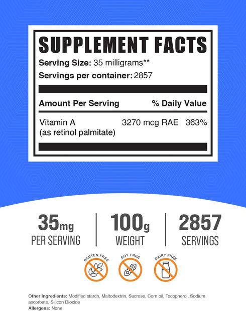 BulkSupplements.com Vitamin A Palmitate Powder - as Retinol Palmitate, Vitamin A Supplement for Immune & Eye Support - Gluten Free, 35mg per Serving, 100g (3.5 oz) (Pack of 1)