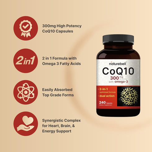 CoQ10 (Ubiquinone) 300mg with Omega 3 Fatty Acids | 240 Capsules | Antioxidant Support for Heart & Energy Health