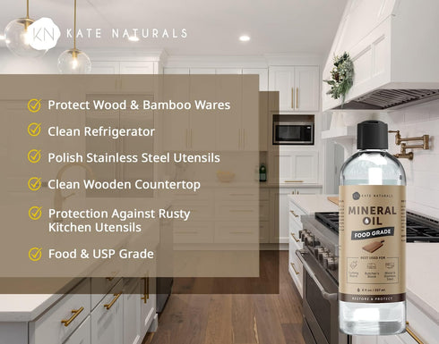 Kate Naturals Mineral Oil for Wood Cutting Board, Food Grade Mineral Oil for Butcher Block & Utensils