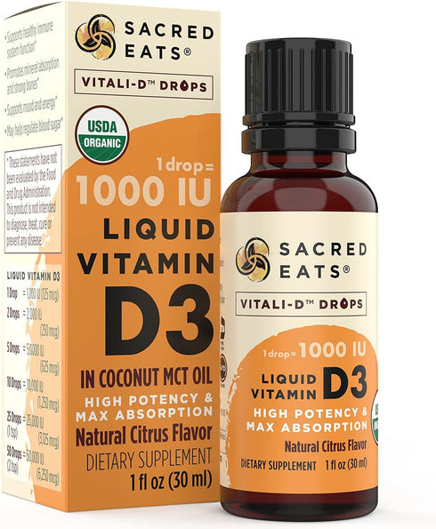 Organic Liquid Vitamin D Drops for Kids & Adults, Sugar Free, 1,000 IU/Drop in Coconut MCT Oil, Great Taste