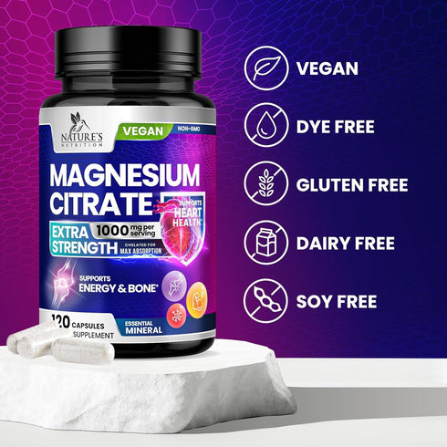 Magnesium Citrate Extra Strength 1000 mg - Chelated for Max Absorption, Non-GMO Magnesium Supplement for Muscle Health,