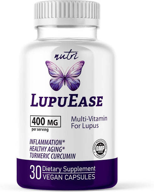 LupuEase Lupus Relief Products Multivitamin, Vitamin C, D3, E, B12, Turmeric Curcumin Extract - 30 Day Supply - 400mg