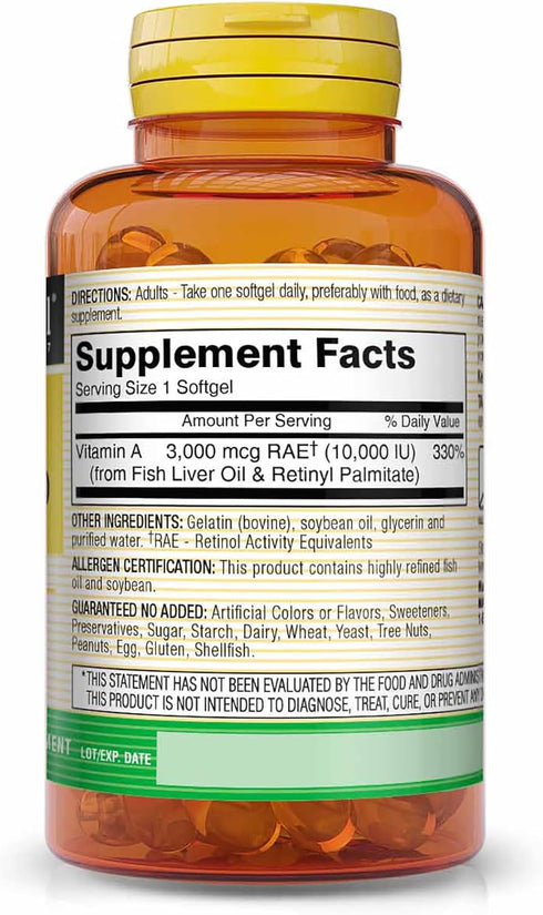 MASON NATURAL Vitamin A 3,000 mcg 10000 IU from Fish Liver Oil, Promotes Healthy Vision, Supports a Healthy Immune System, Essential Nutrient, Softgels, Yellow, 100 Count, Pack of 3