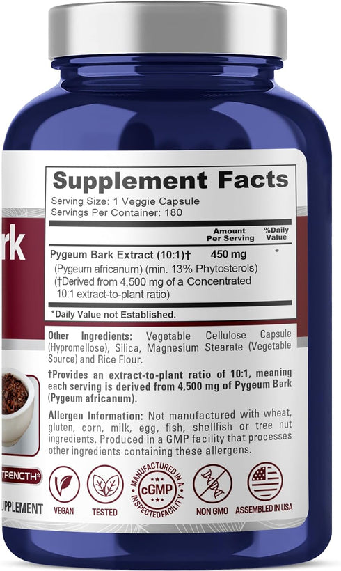 NusaPure Pygeum Bark 10:1 Extract | 450 mg Equivalent to 4,500mg, 180 Veggie Caps (Non-GMO, Vegan)