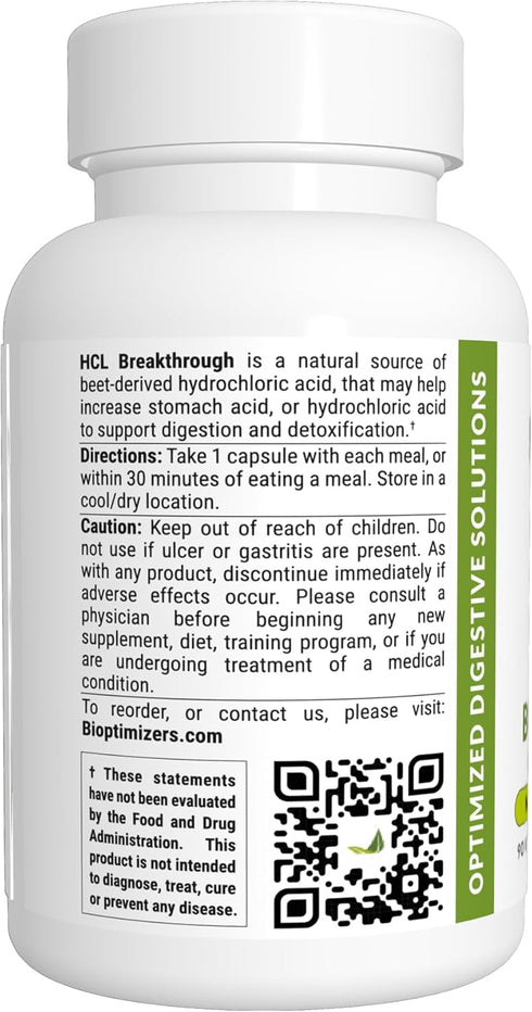 BIOptimizers HCL Breakthrough - Betaine Hydrochloride Enzymes Supplement for Gas and Heartburn Relief - 90 Capsules