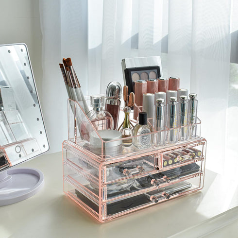 Ikee Design Pink Jewelry & Cosmetic Storage Boxes, Two Pieces Set for Vanity