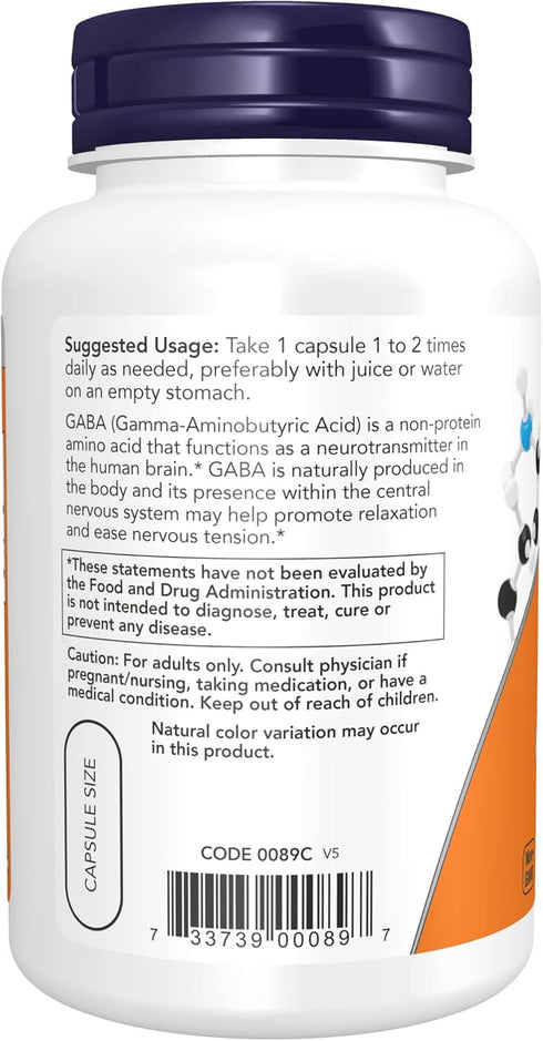NOW Supplements GABA 750mg - Neurotransmitter Support, 100 Veg Capsules