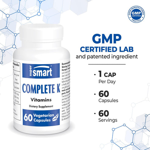 SuperSmart Complete K - K1, K2 (MK4 + MK7) Full Spectrum Vitamin K Supplement - 60 Vegetarian Capsules