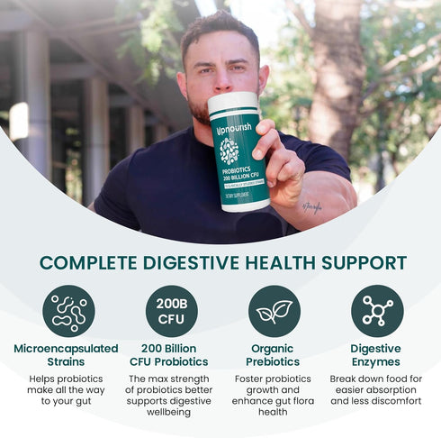 UpNourish Probiotics, 60 Vegan Capsules - 200 Billion CFUs, 15 Strains, Prebiotics & Enzymes