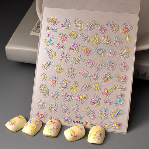 Cute Nail Art Stickers, 5D Embossed Star Moon Heart Design, Colorful Self-Adhesive Nail Decals for Women Girls DIY