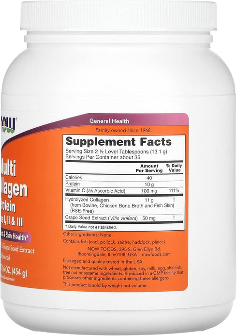 NOW Supplements, Multi Collagen Protein Types I, II & III Powder, Bone, Joint, and Skin Health, 16 oz (454 g)