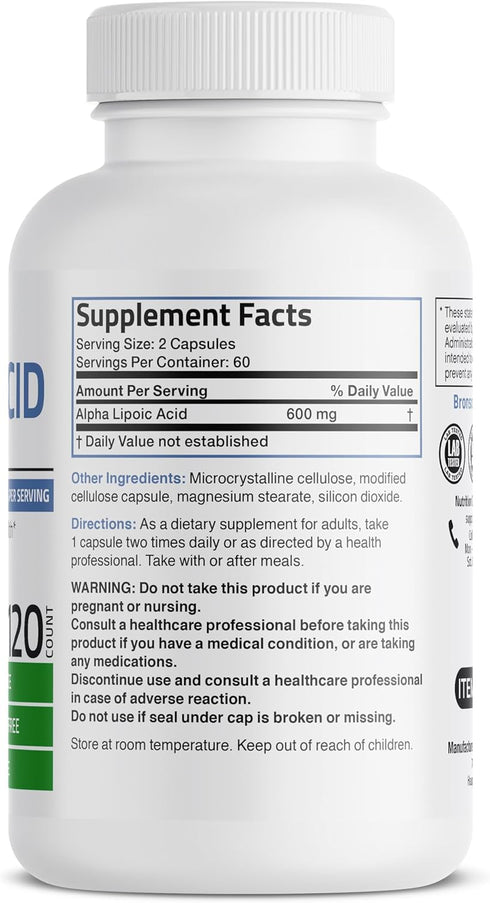 Bronson Alpha Lipoic Acid 600 MG Free Radical Scavenger Supports Antioxidant Health - Non-GMO, 120 Vegetarian Capsules (60 Servings)
