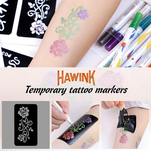HAWINK Temporary Tattoo Markers for Skin, 10 Body Markers + 56 Large Tattoo Stencils for Kids and Adults, Dual-End Pens