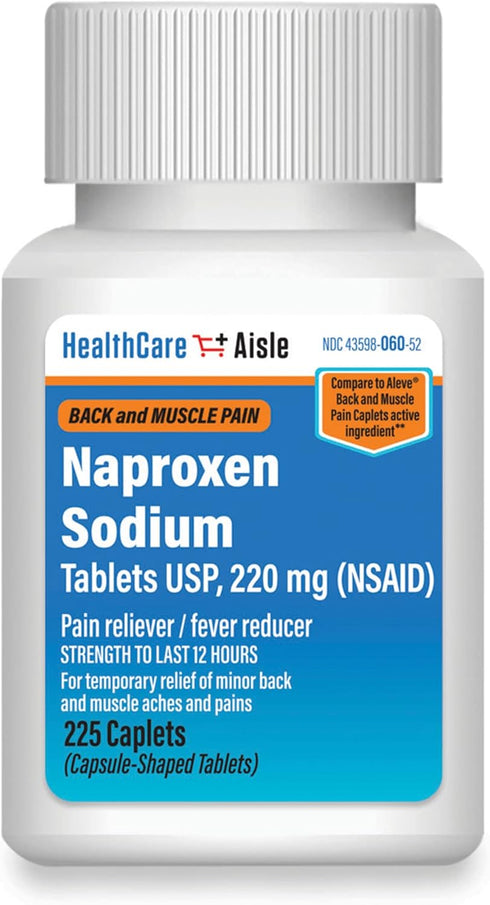 HealthCareAisle Naproxen Sodium, 220 mg - 225 Caplets - Back and Muscle Pain Reliever, Up to 12 Hours Relief