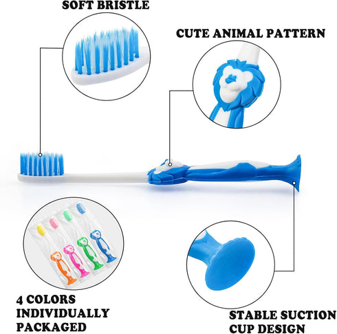 Toddler Toothbrush Kids Pack of 60, Individually Wrapped Manual Suction Cup Animal Toothbrushes for Home and Travel