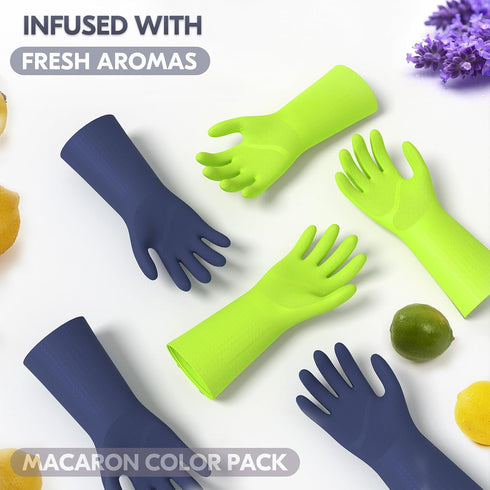 Vgo... 2 Pairs Reusable Household Aromas Gloves: Durable Long Sleeves Kitchen Cleaning Gloves (Dark Blue & Hi-viz