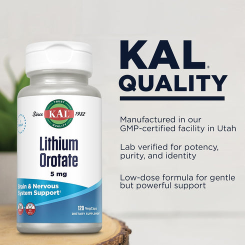 KAL Lithium Orotate 5mg | Chelated Lithium Orotate for Mood Support | 120 VegCaps in Organic Rice Bran Extract