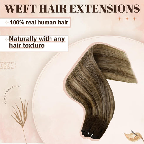 Hetto 12 Inch Sew in Hair Extensions, Balayage Brown to Blonde Weft, 70g Real Human Hair Extensions