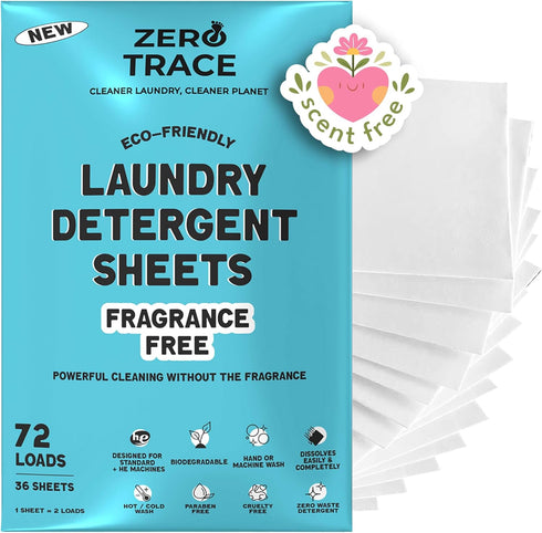 Zero Trace All Natural Laundry Detergent Sheets, Fragrance Free, 72 Count