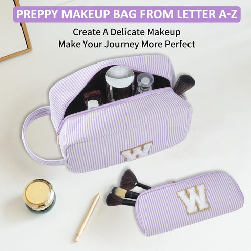 2pcs Personalized Initial Makeup Bag A-Z, Monogram Travel Toiletry Bag for Women & Teen Girls, Purple, E