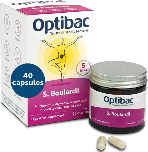 Optibac Probiotics Saccharomyces Boulardii, Vegan Digestive Probiotic Supplement, 5 Billion CFU, 40 Capsules