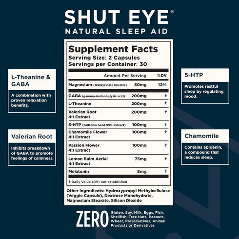 Shut Eye Natural Sleep Aid Supplement for Adults with 5mg Melatonin, 60 Capsules