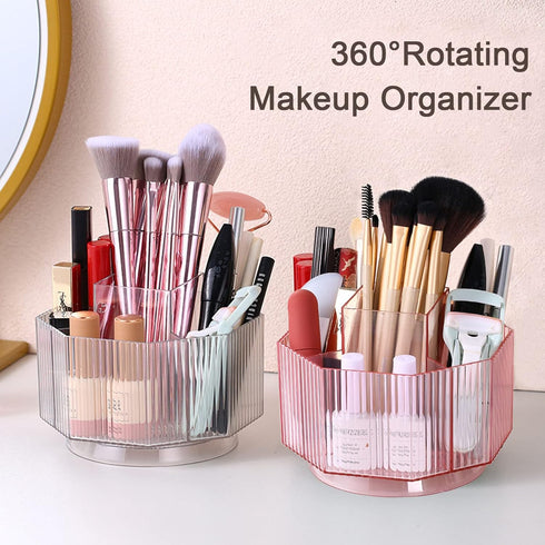LINFIDITE 360°Rotating Makeup Brush Holder, Clear Cosmetic Display Case with 5 Slots for Vanity, Pink