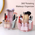 LINFIDITE 360°Rotating Makeup Brush Holder, Clear Cosmetic Display Case with 5 Slots for Vanity, Pink