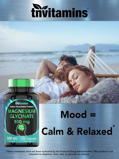 Magnesium Glycinate 500mg Per Capsule, 120 Count, Pure Chelated Supplement for Sleep, Calm, Joint Support