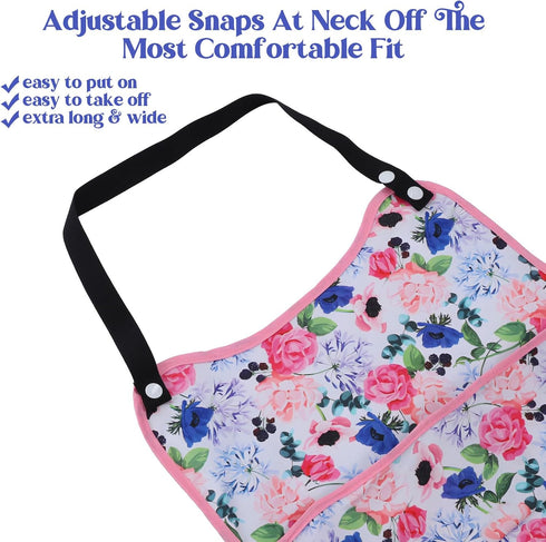 Quilax Adult Bibs for Women, Flower Pattern Adult Bibs for Seniors with Top Pocket Crumb Catcher, Waterproof Reusable