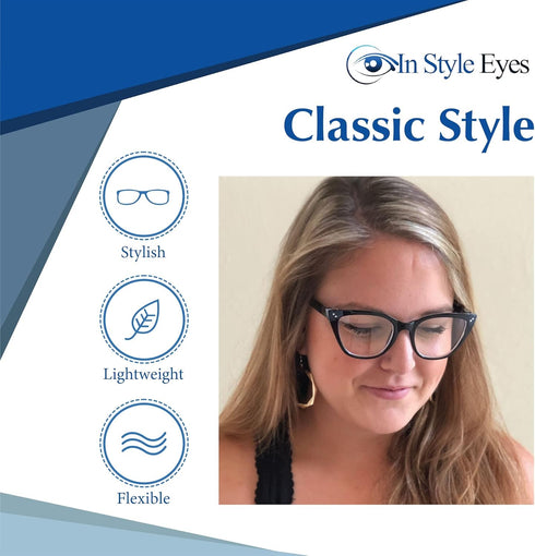 In Style Eyes Stylish Reading Glasses, Full-Rimmed Classic Large Cat Eye Frame, Non Prescription, Black, 1.5x