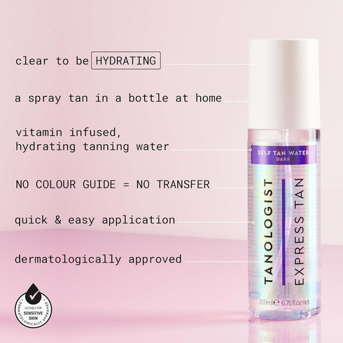 Tanologist Dark Express Self Tan Water - Hydrating Bronzing Mist for Face & Body, Natural Ingredients, 6.78 Fl Oz