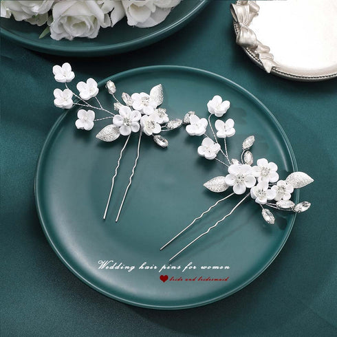 Heread Flower Bride Wedding Hair Pins - Silver Crystal Bridal Hair Pieces Leaf Accessories (Pack of 2)