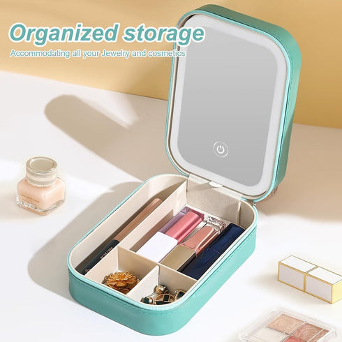 Travel Portable LED Makeup Bag, Adjustable Light-Up Mirror Cosmetic Case for Women (Green)