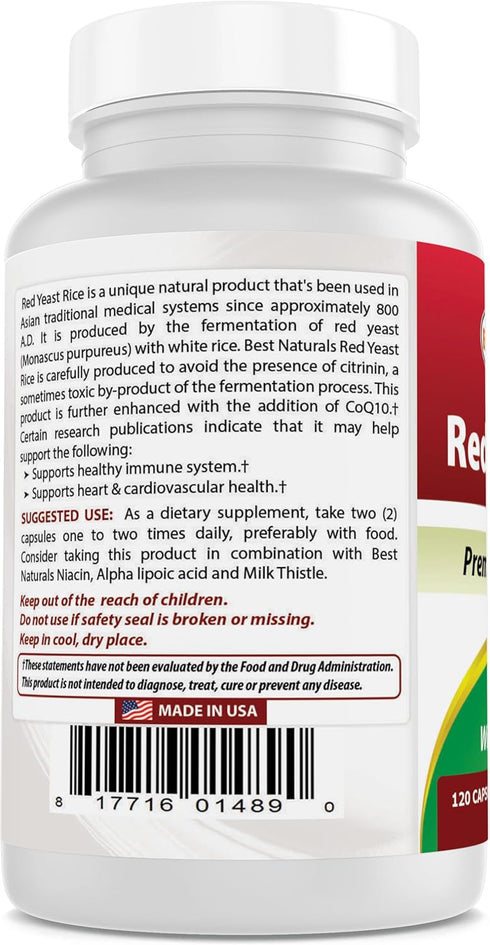 Best Naturals Red Yeast Rice with CoQ10, 120 Capsules, Cardiovascular Formula, 600 mg Red Yeast Rice
