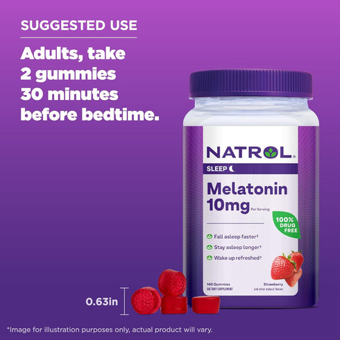 Natrol 10mg Melatonin Gummies for Sleep Support, 140 Strawberry-Flavored Gummies, 70 Day Supply