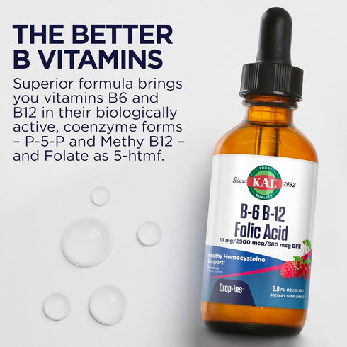 KAL Vitamin B-6 B-12 Folic Acid DropIns, Liquid Vitamin B Supplement Drops, 2oz, 59 Servings, Natural Mixed Berry