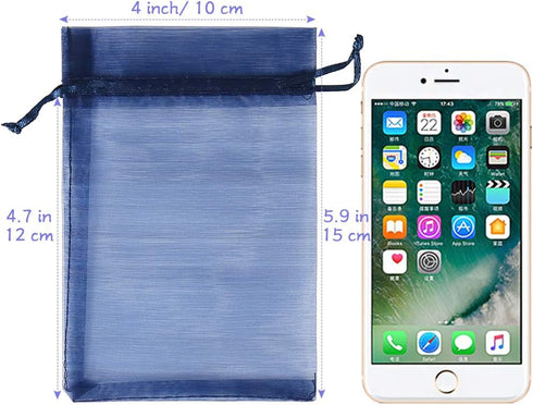 HRX Package 100pcs Organza Gift Bags Navy Blue, 4 x 6 inch Mesh Jewelry Pouches for Small Sample Christmas Candy