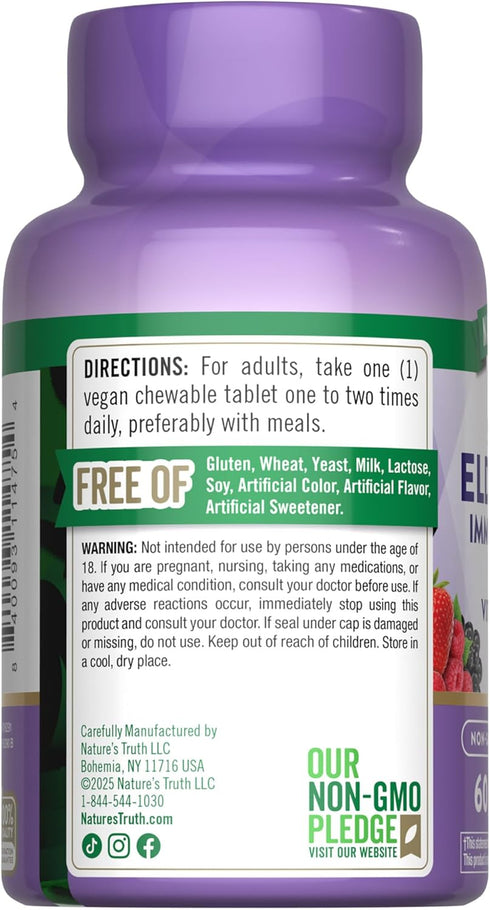 Immune 60 Nature's Truth Elderberry Complex | Chewable Tablets | Plus Vitamin C & Zinc | Mixed Berry | Vegan, Non-GMO