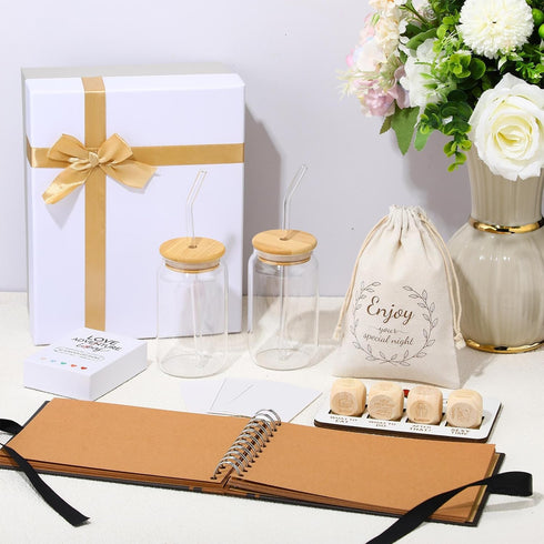 Reallnaive 54 Pcs Date Night Gift Box for Couple Girlfriend Boyfriend Scratch Off Date Night Dice Cards Book Glasses