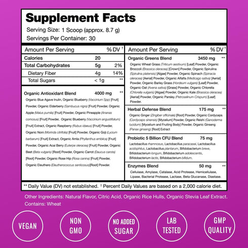 Super Greens Powder Premium Antioxidant Superfood | Organic Greens, Fruit & Veggie Vegan Supplement | Sweet Berry Flavor