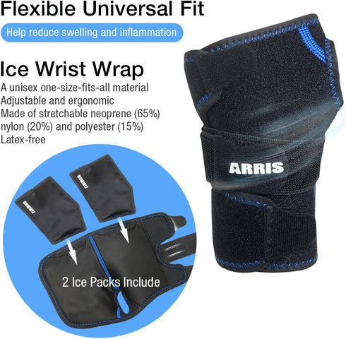 Wrist Ice Pack Wrap for Carpal Tunnel Relief, Hand Support Brace with 2 Reusable Gel Packs for Injuries