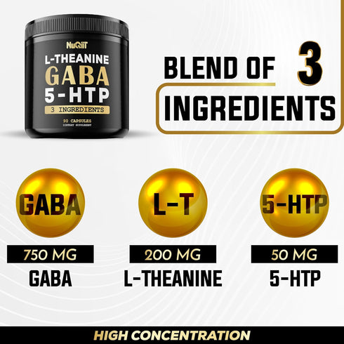 3in1 GABA Supplements 750mg L-Theanine 200mg & 5-HTP (5-hydroxytryptophan) - Equivalent to 1000mg - Support Brain Health, Concentration, Comfortable Mood - 90 Capsules