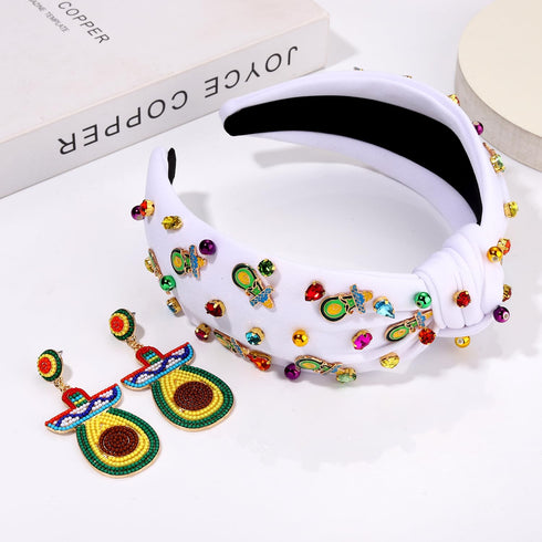 Mexican Beaded Headband for Women, Cinco De Mayo Fiesta Headband with Crystal Knots (Avocado)