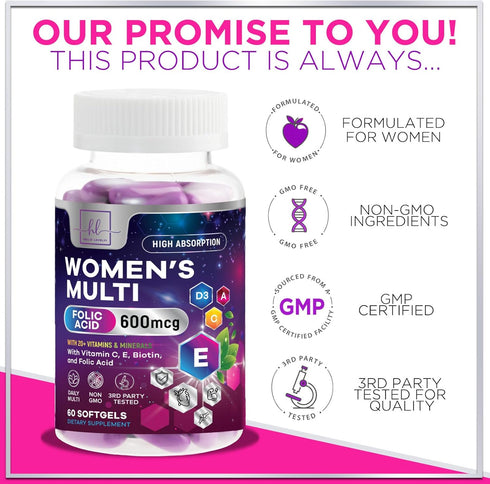 Women's Complete Multivitamin - Once Daily with Vitamin A, B6, B12, C, D, Biotin, Folate, Iron & Zinc - 60 Softgels