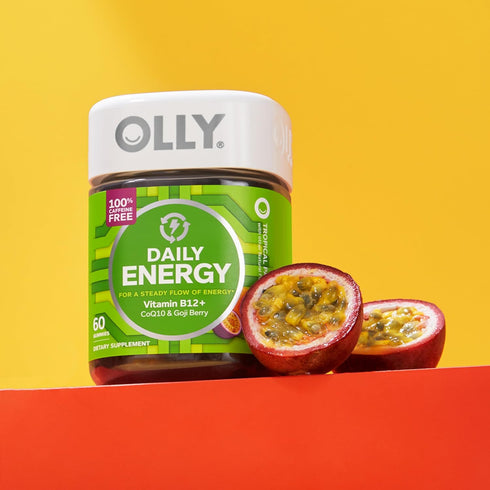 Gummy, B12, CoQ10, 60 Count OLLY Daily Energy Caffeine Free, Vitamin Goji Berry, Adult Chewable Supplement, Tropical