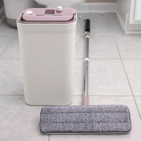 Micro Flat Mop & Bucket System, Hands-Free Wringing, 3 Washable Microfiber Pads for Floor Cleaning