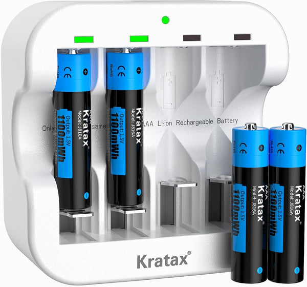 AAA Rechargeable Lithium Batteries, 4 Pack 1.5V Kratax 1100mWh Li-ion Batteries with Fast Charger